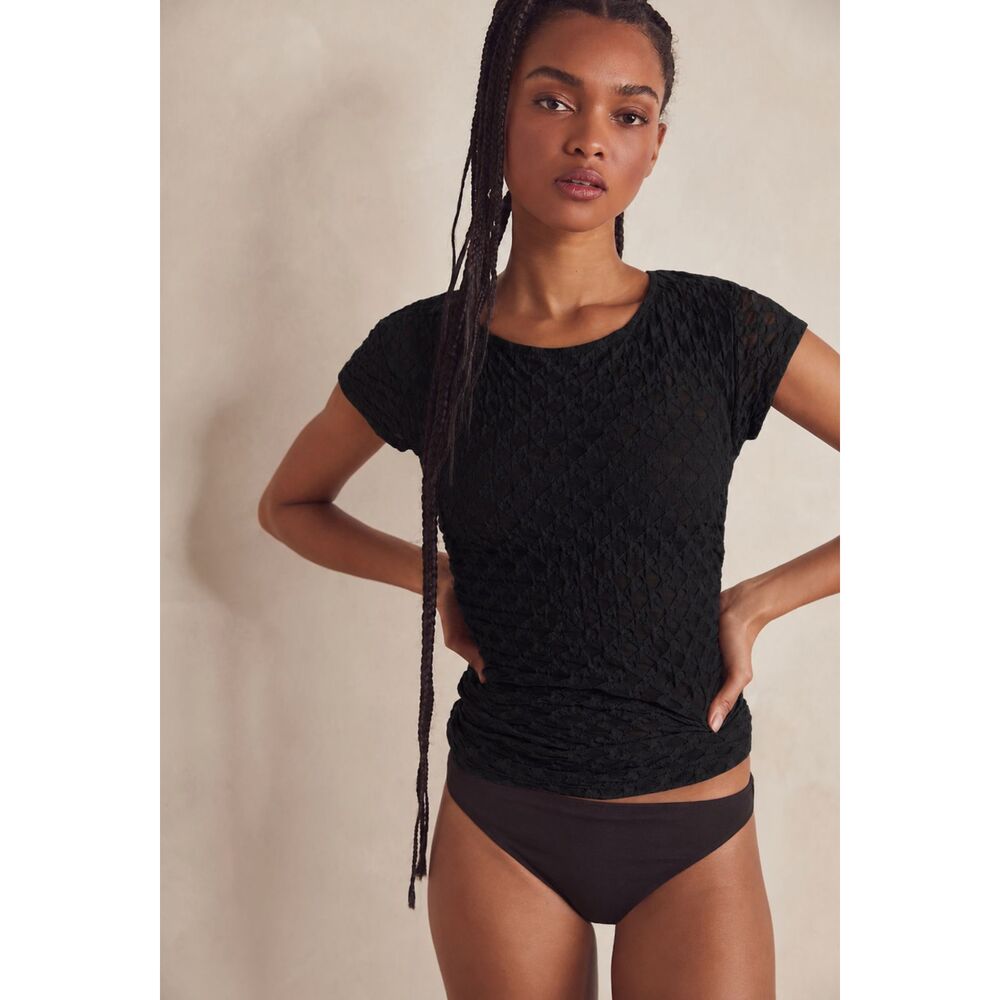 FREE PEOPLE Intimately Textured Mesh Black Ruched Short Sleeve Top Womens Small